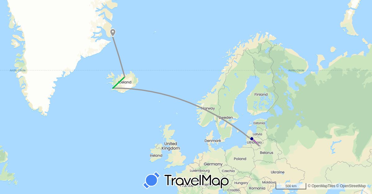 TravelMap itinerary: driving, bus, plane, train in Greenland, Iceland, Lithuania (Europe, North America)
